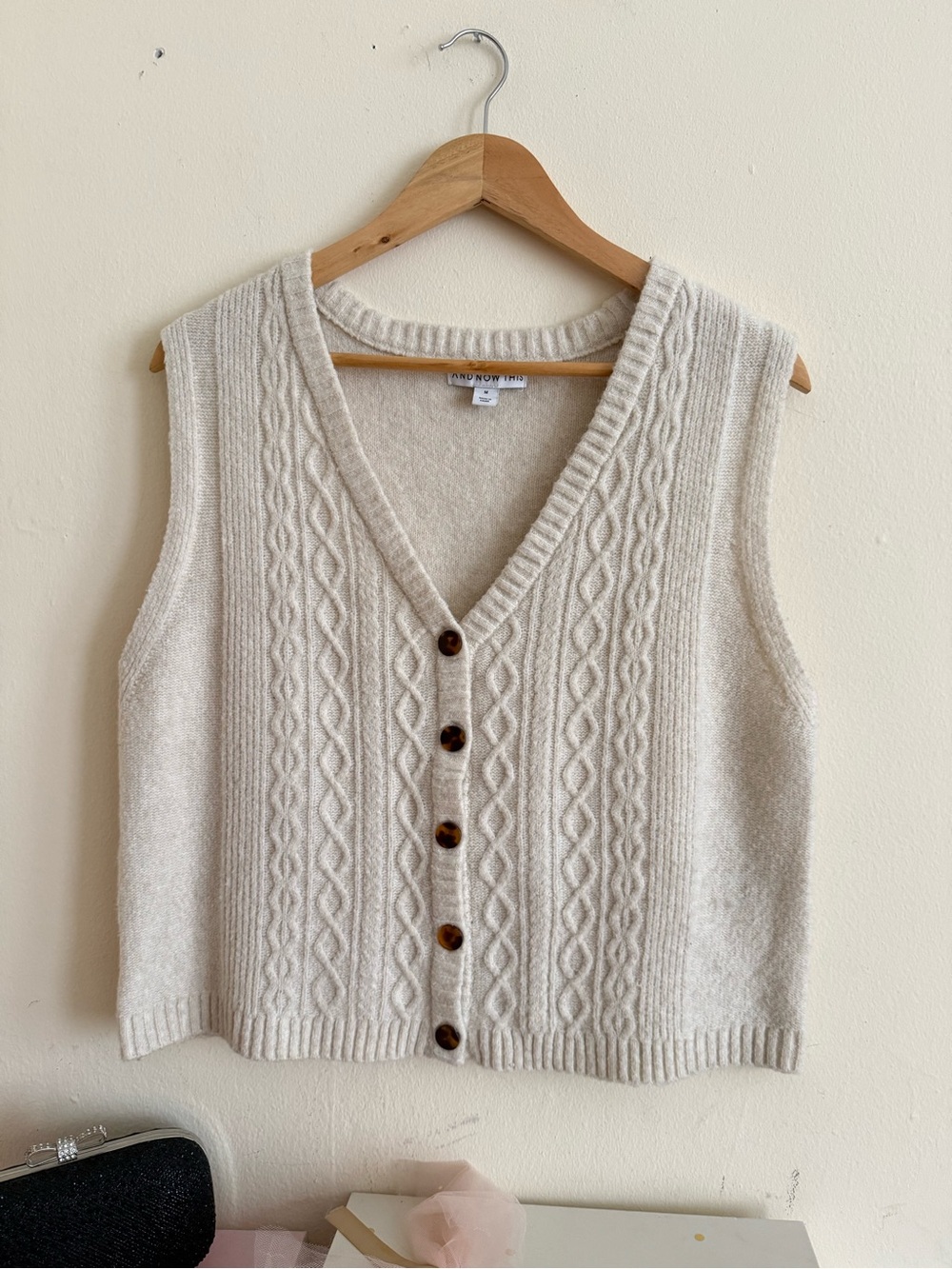 And Now Me Cream Cable-Knit V-Neck Button Vest